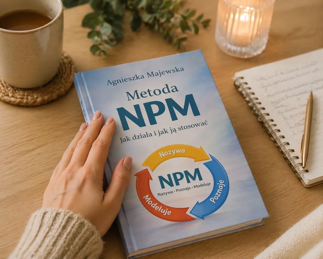 Książka „Metoda NPM. Jak działa i jak ją stosować” na drewnianym stole obok notesu